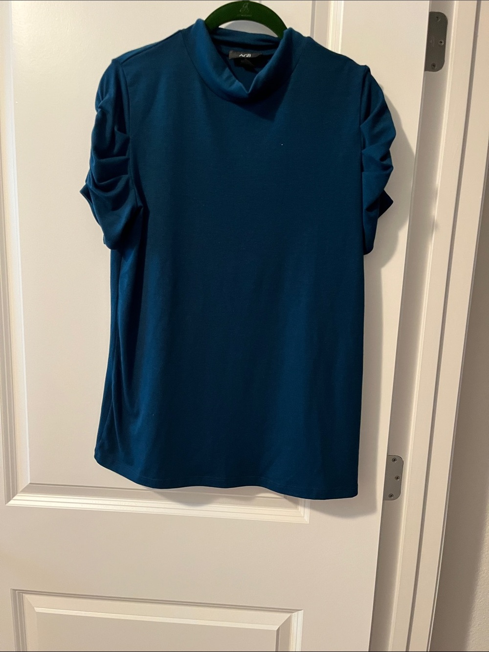 AGB Teal Short Sleeve Mock Neck Top with Ruched Sleeves